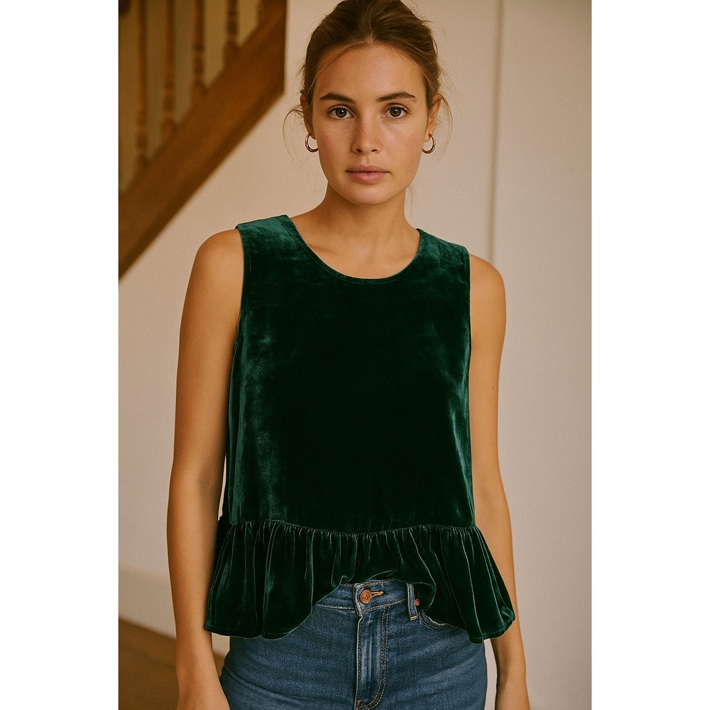 J Crew Women's 10 Drapey Velvet Peplum Top Tank Blouse Green Sleeveless Regal